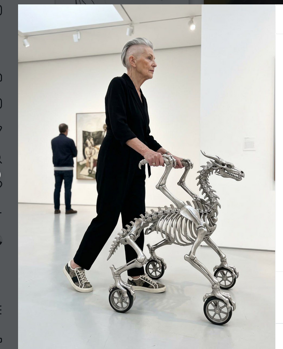 Eine Frau mit grauen Haaren, schwarzem Anzug , Sneakers und sie schiebt einen Rollator durch eine Kunstgalerie. Der Rollator ist ein silbernes Drachenskelett auf Rädern